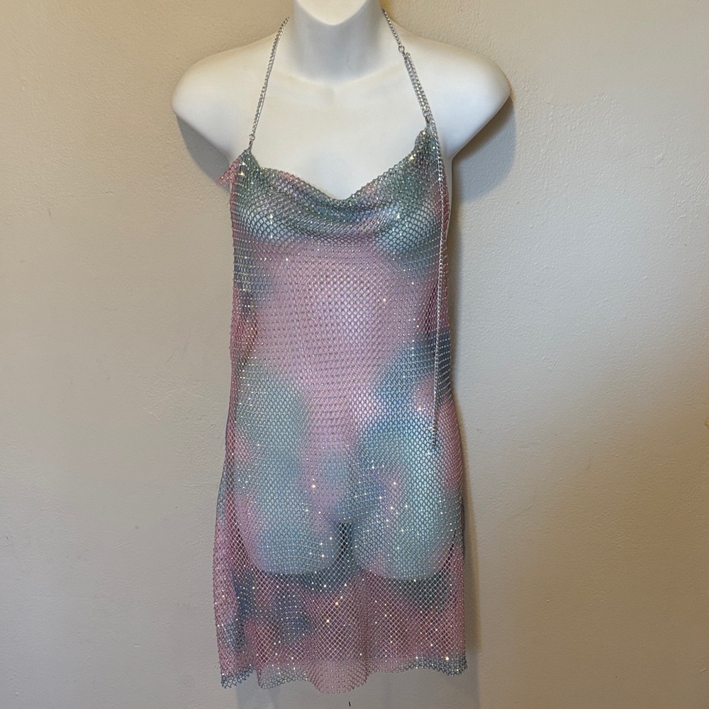 Elegant Mesh Halter Dress - Pink and Blue